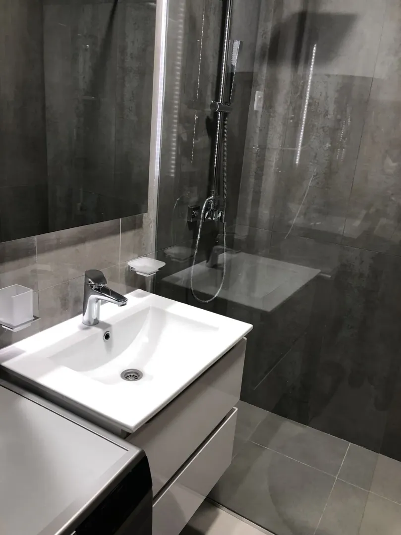 Modern bathroom with a shower cabin and a white sink.
