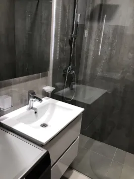 Modern bathroom with a shower cabin and a white sink. - image 27