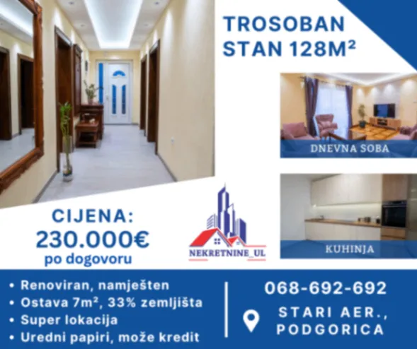 Prodaja, trosoban stan, 128m², Stari Aerodrom, Podgorica