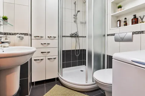 Bathroom with a shower cabin, washbasin, and built-in storage units. - image 9