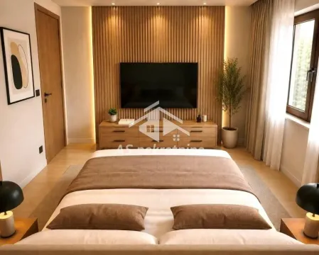 Modern bedroom with a double bed, wooden wall paneling, and a TV. - image 5
