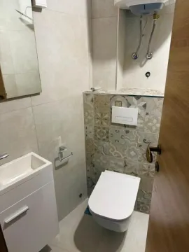 Small bathroom with a toilet, washbasin, and decorative tiles. - image 10