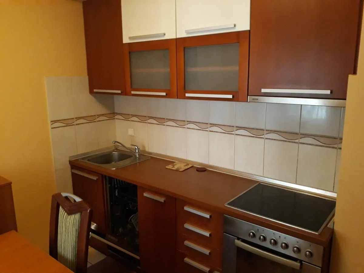 Manja kuhinja sa drvenim elementima, sudoperom i ugradnom rernom.