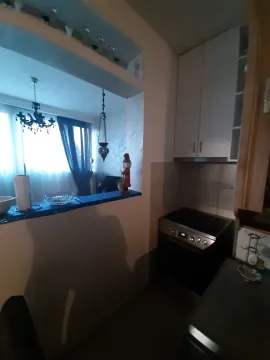 Kitchen area with a stove and a bar opening to the living room. - image 7