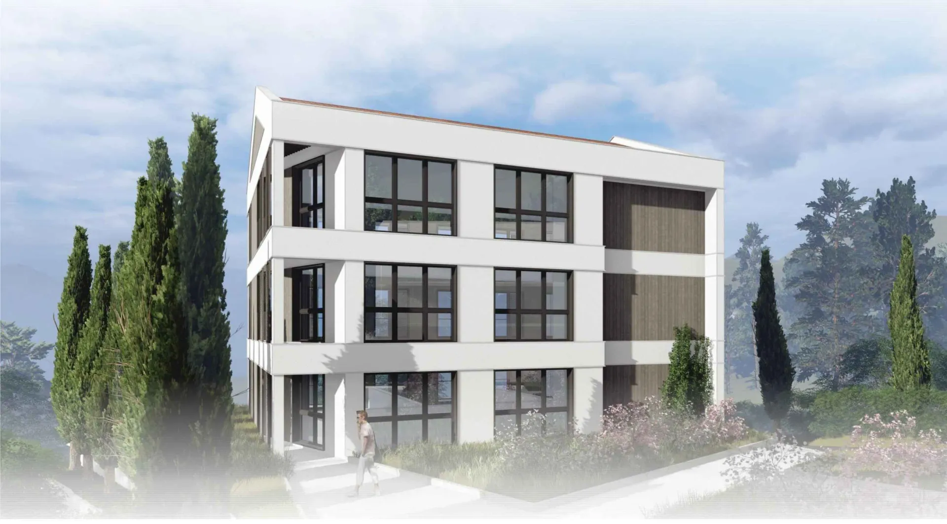 Arhitektonski render višestambene zgrade okružene zelenilom.