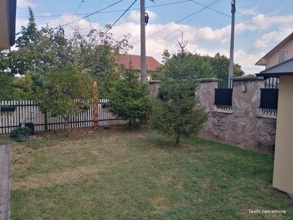 Ograđeno dvorište sa travnjakom i četinarskim drvećem.