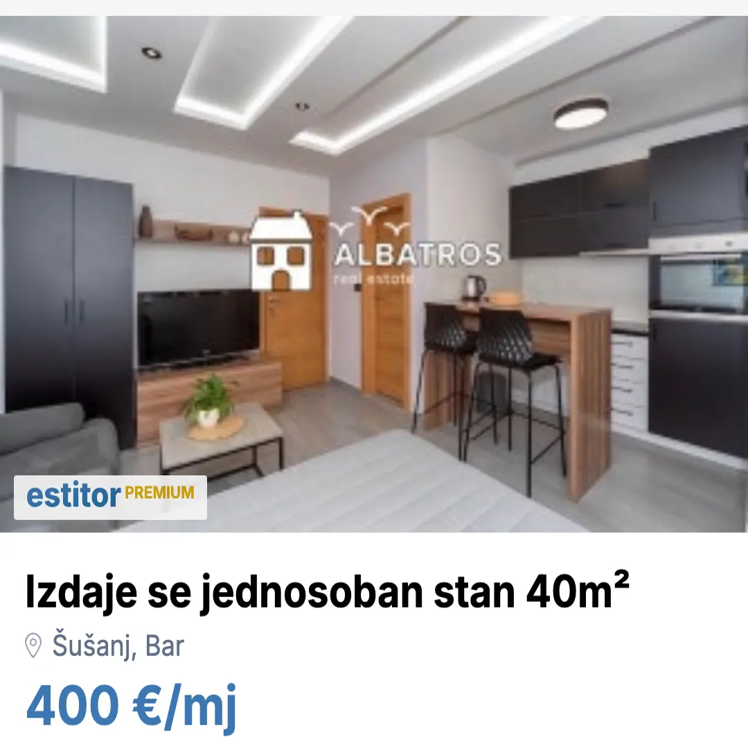 Izdavanje, jednosoban stan, 40m², Šušanj, Bar