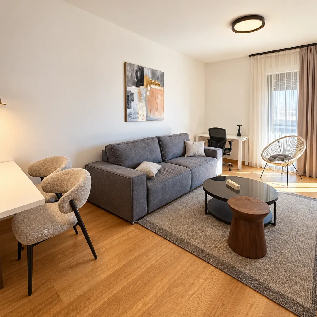 Modern living room with a grey sofa, dining table, and a work corner.