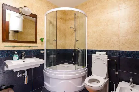 Uređeno kupatilo sa tuš kabinom, umivaonikom, wc šoljom i ogledalom. - image 11