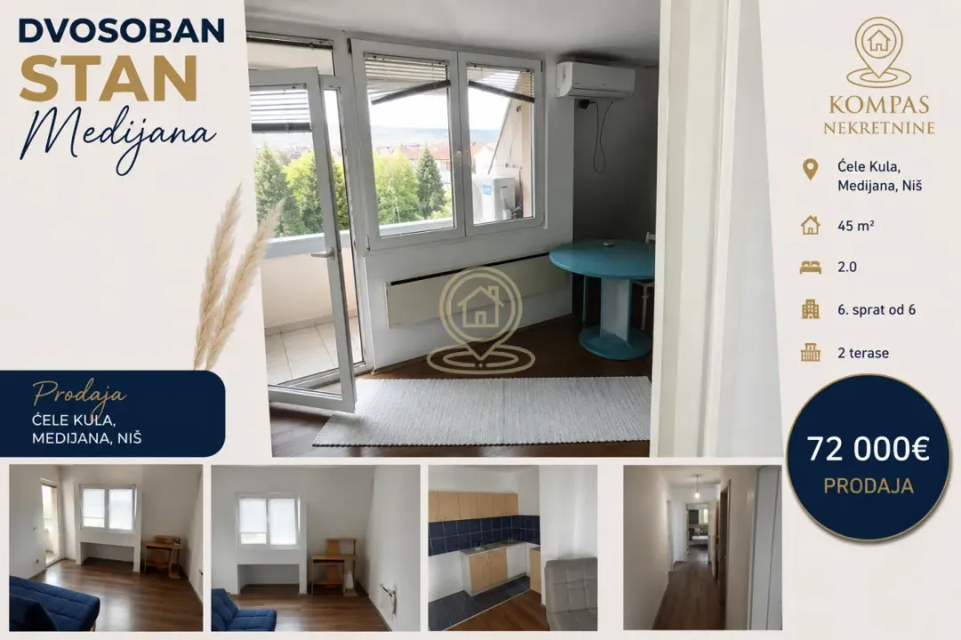 Sale, two bedroom apartment, 45m², Medijana, Niš