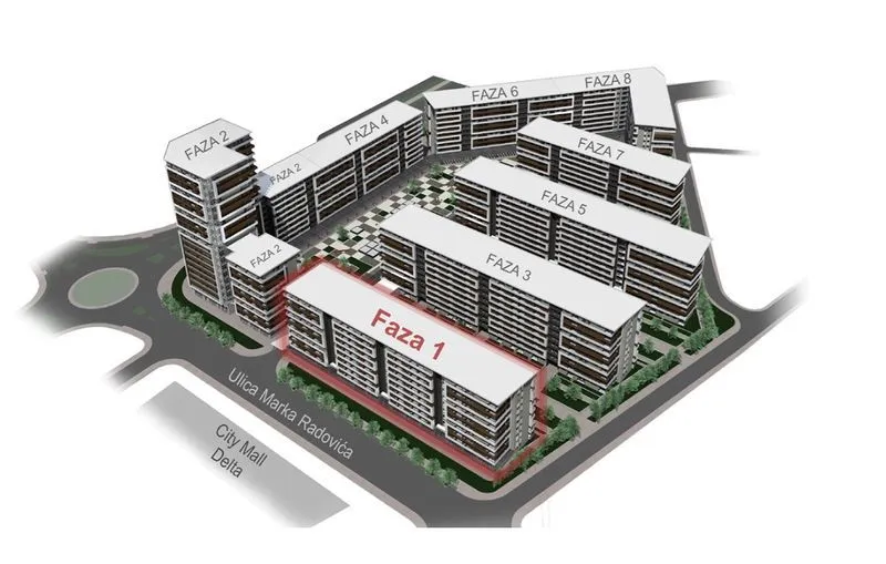 Architectural rendering of the building complex with marked construction phases.
