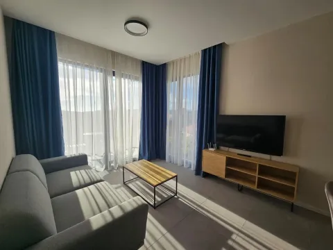 Dnevna soba sa garniturom, televizorom i velikim prozorima sa plavim zavjesama. - image 8