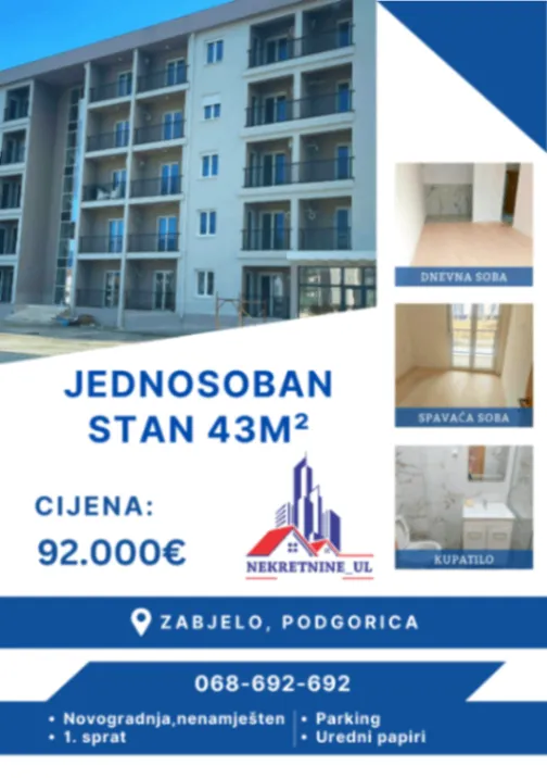 Prodaja, jednosoban stan, 43m², Zabjelo, Podgorica