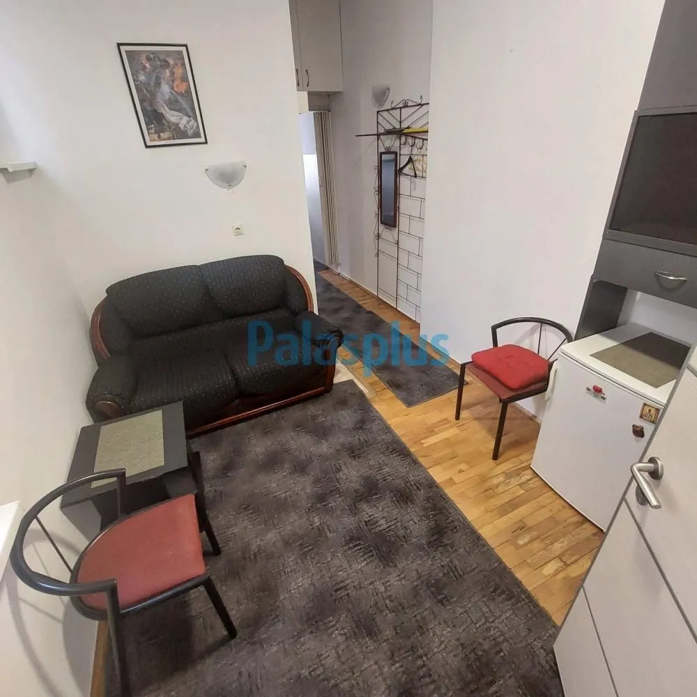 Smaller living room with a dark sofa, coffee table, chairs, and a small kitchenette.