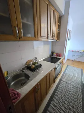 Kuhinja sa drvenim elementima, sudoperom i ugradnom pločom. - image 5