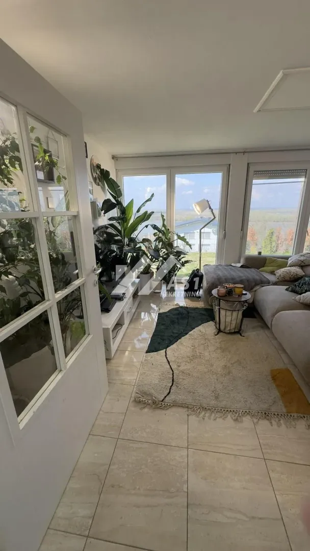 Living room with sofa, TV and large windows overlooking nature.