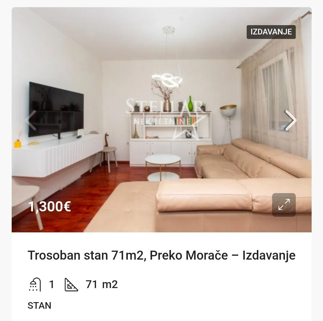 Izdavanje, dvosoban stan, 70m², Preko Morače, Podgorica