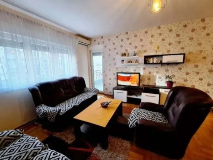 Svijetla dnevna soba sa kožnom garniturom i televizorom.