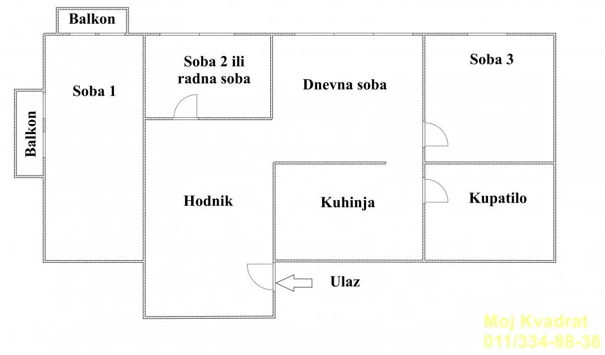 Crtež osnove stana sa rasporedom prostorija.