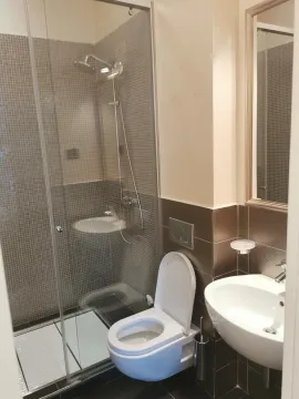 Bright bathroom with a shower cabin, sink, and toilet. - image 12