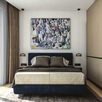 Moderna spavaća soba sa bračnim krevetom, umjetničkom slikom i visećim lampama. - image 10
