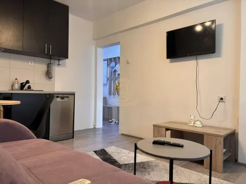Small living room with a sofa, TV, and kitchen area. - image 2