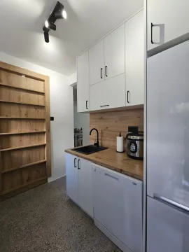 Moderna bijela kuhinja sa drvenim elementima i ugradnim aparatima. - image 17