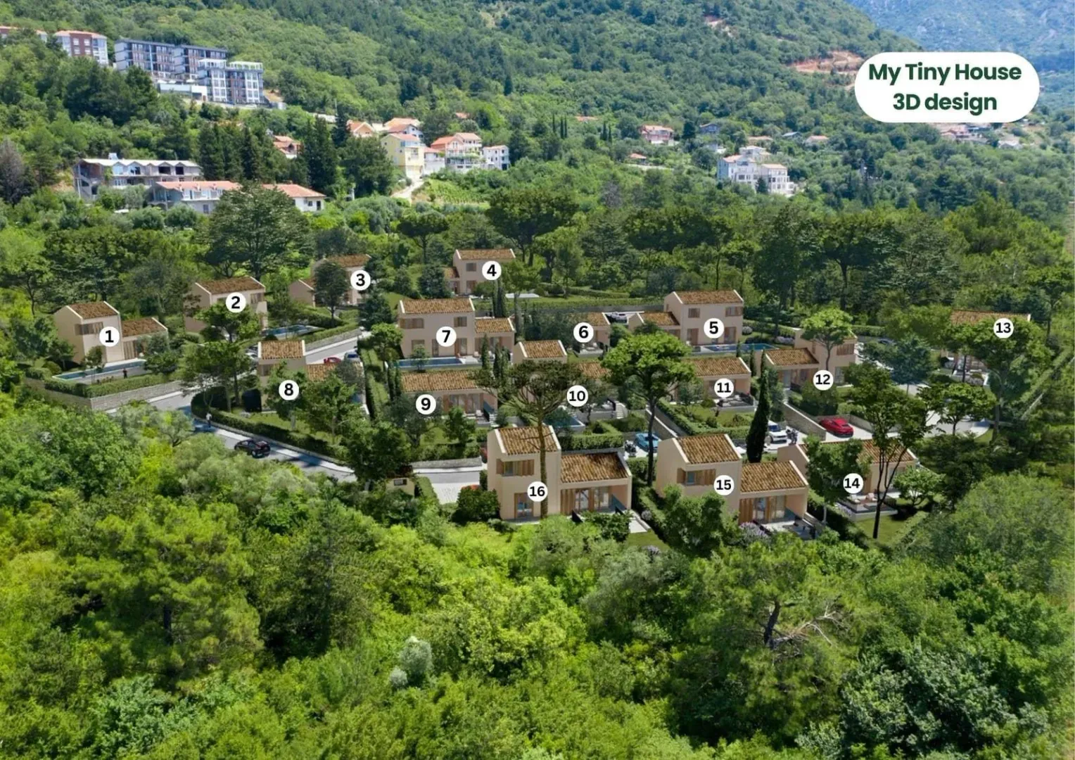 3D prikaz kompleksa sa više kuća u zelenom okruženju.