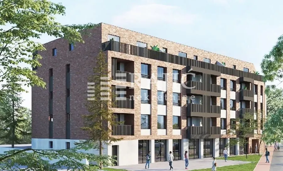 Render nove stambene zgrade sa ciglom i terasama.