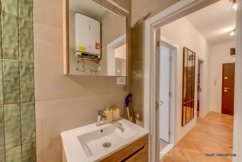 Bathroom with sink, mirror and water heater, looking towards the hallway. - image 13