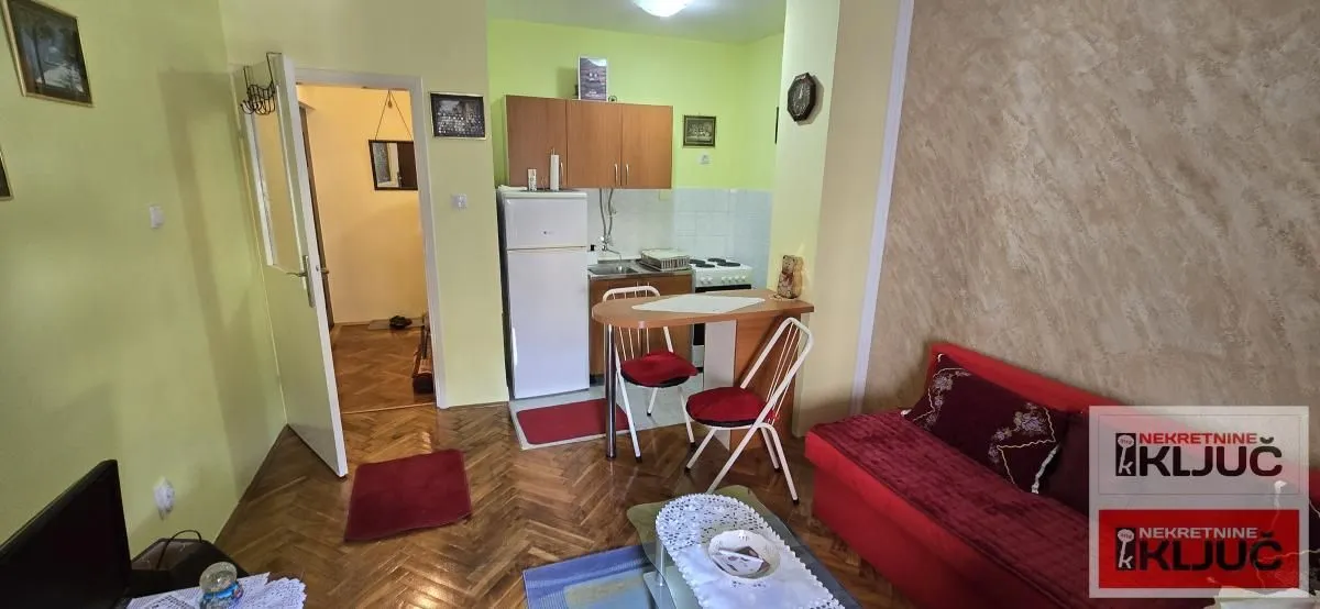 Dnevna soba sa kuhinjom i trpezarijskim stolom.