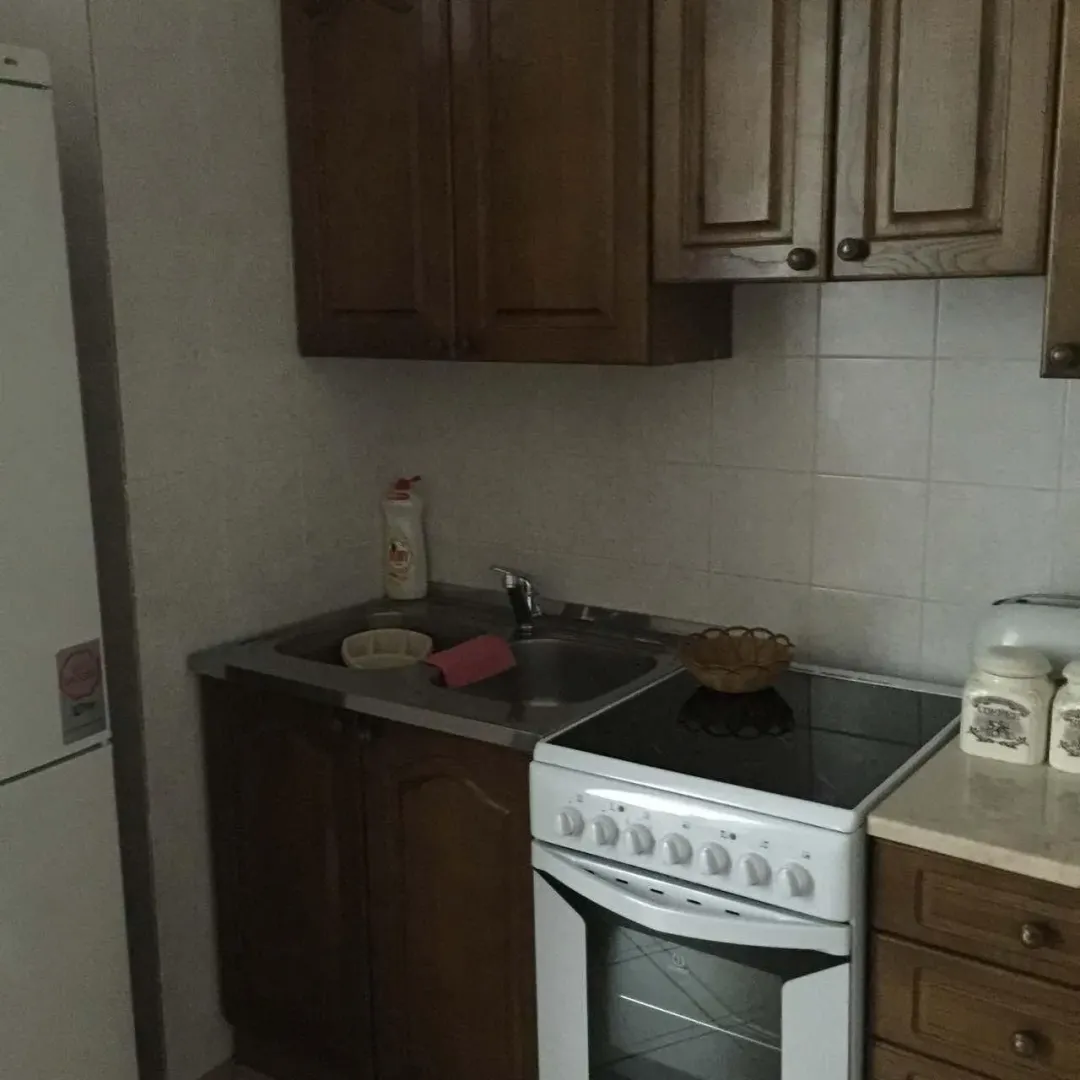Kuhinja sa klasičnim drvenim elementima, sudoperom i električnim šporetom.