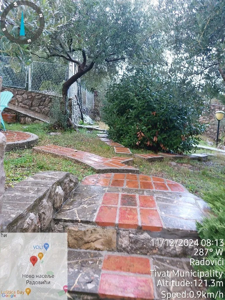 Dvorište sa popločanom stazom, zelenilom i drvećem.
