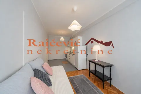 Living room with a sofa and a small kitchen in the background. - image 5