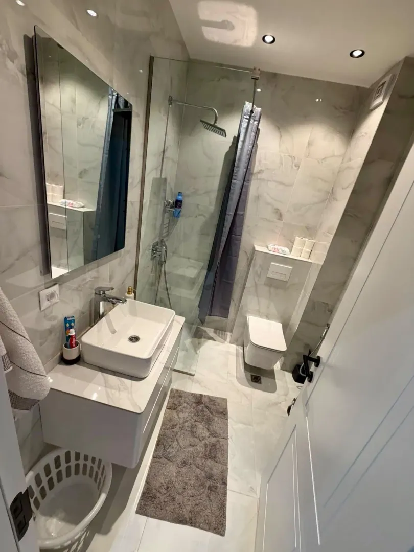 Modern bathroom equipped with a walk-in shower and washbasin.