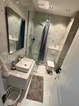 Modern bathroom equipped with a walk-in shower and washbasin. - image 13