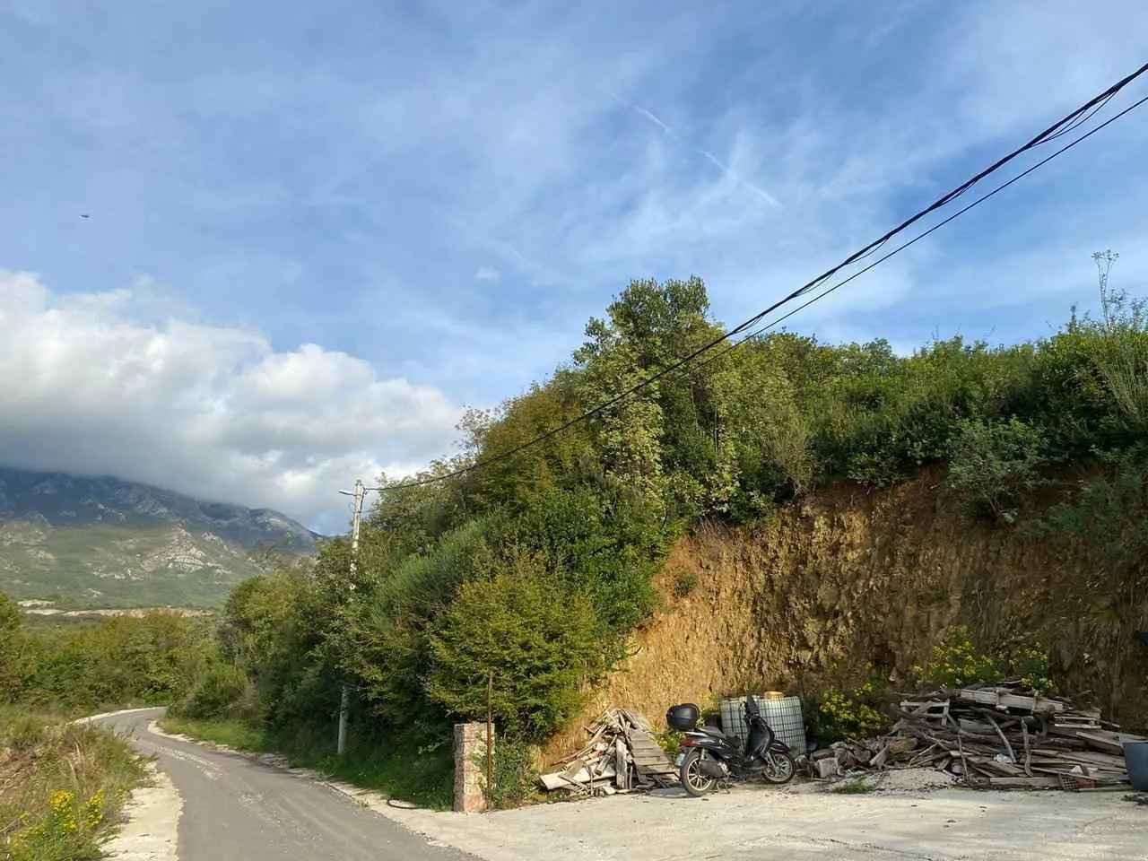 Pogled na prilazni put i okolni teren sa rastinjem.