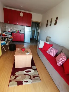 Living room with a red sofa and kitchen in the background. - image 8