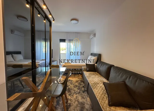 Living room with a sofa and dining table.
