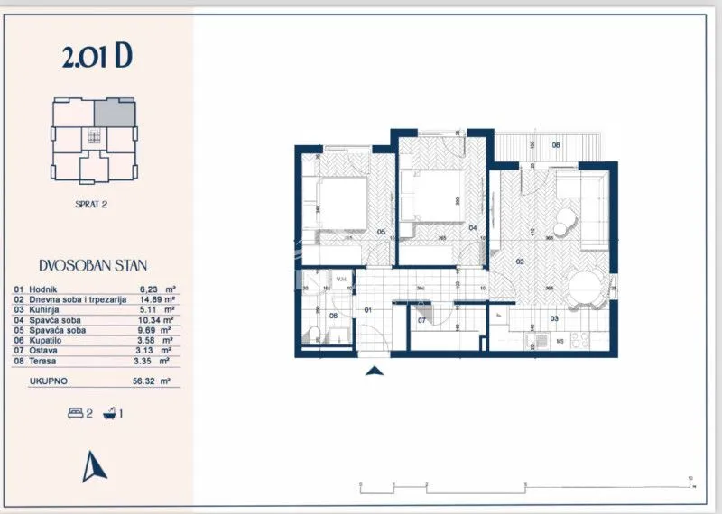 Sale, two bedroom apartment, 56m², Zabjelo, Podgorica