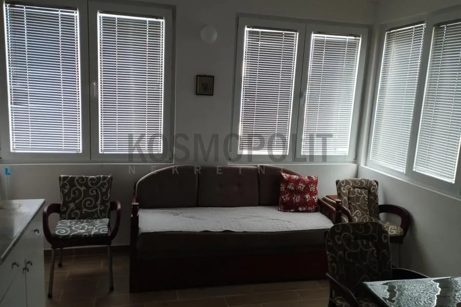 Living room with a sofa and large windows with blinds.