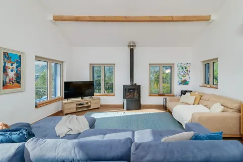 Bright living room with a sofa, fireplace, and windows overlooking the surroundings. - image 5