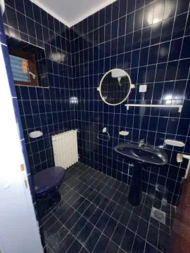Kupatilo obloženo tamnoplavim pločicama sa umivaonikom, WC šoljom i ogledalom. - image 21