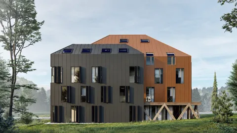Pogled na spoljašnjost moderne zgrade sa metalnom fasadom u okruženju prirode. - image 3