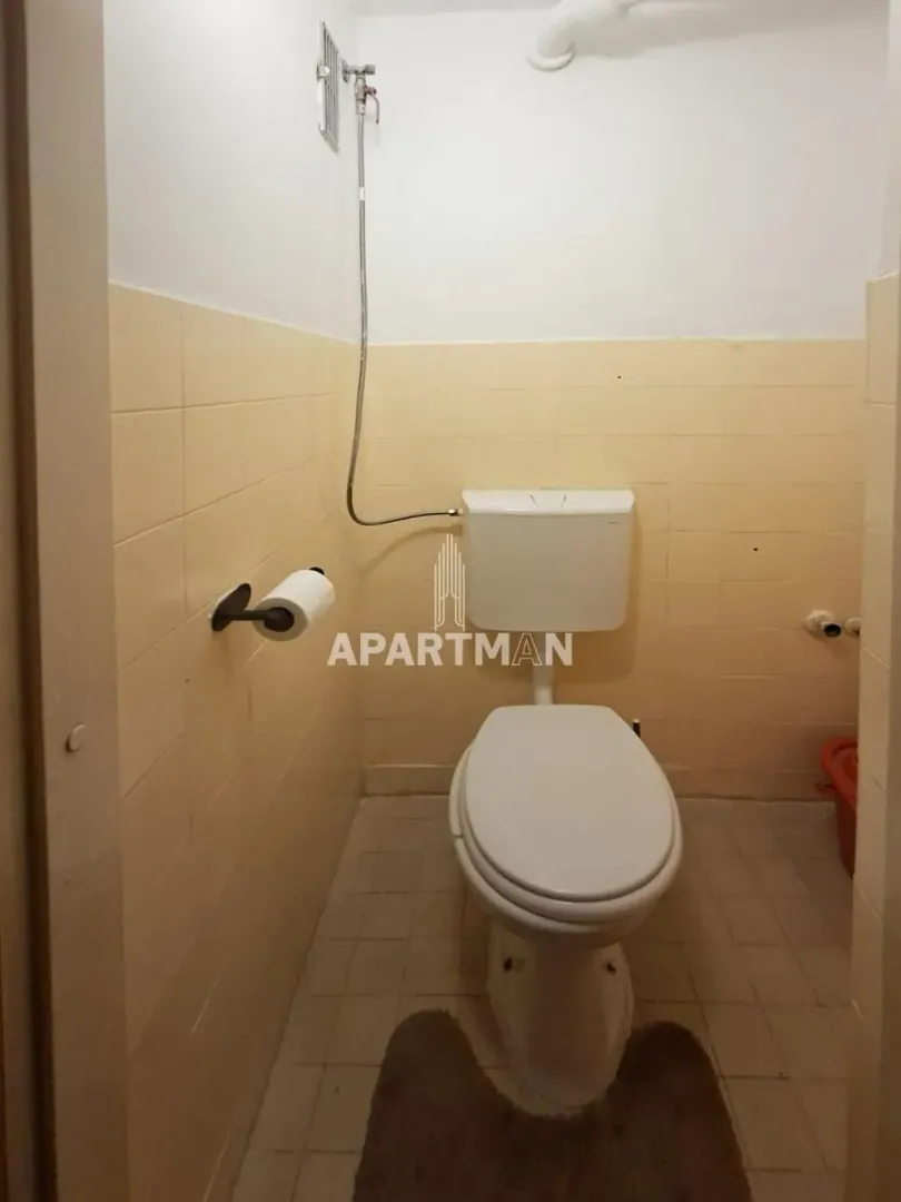 Manje kupatilo sa WC šoljom i zidnim pločicama.
