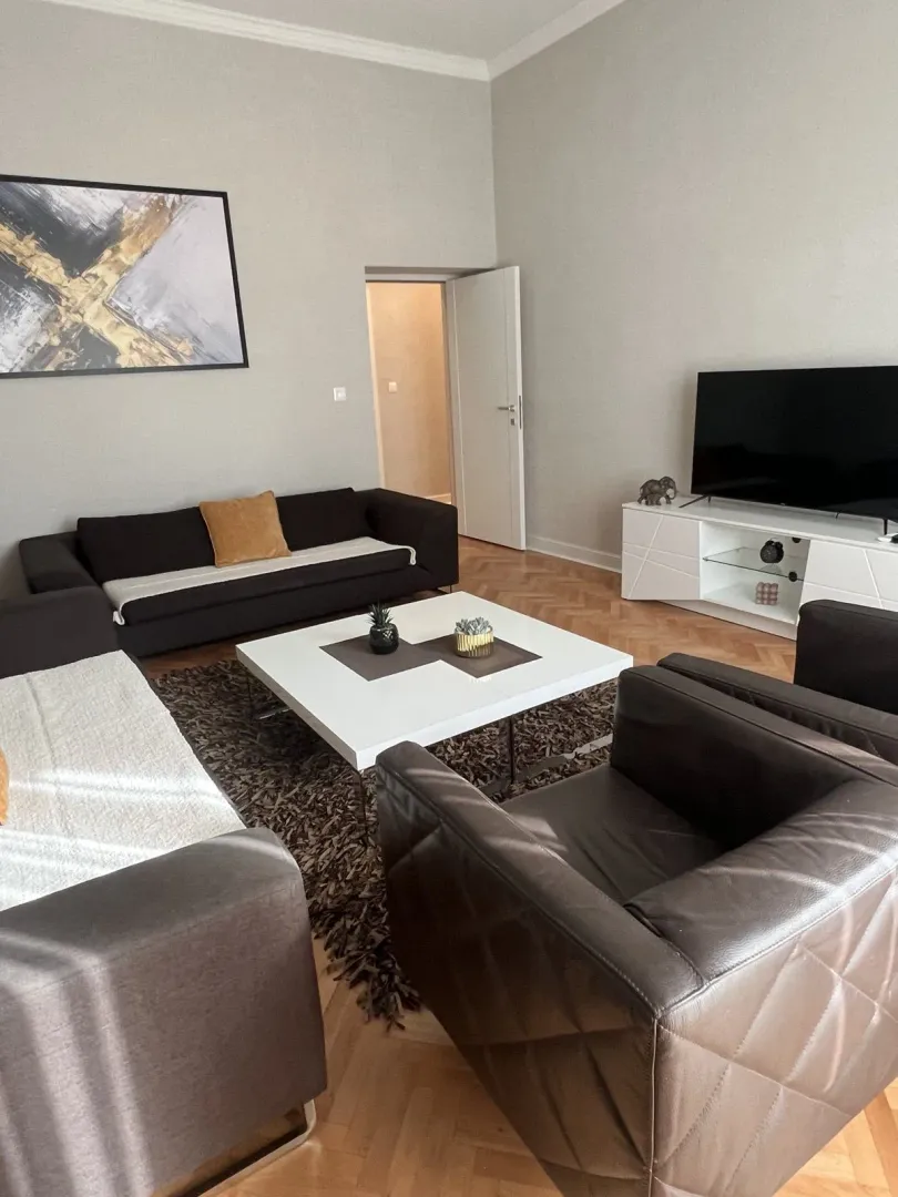 Bright living room with modern furniture and a TV.