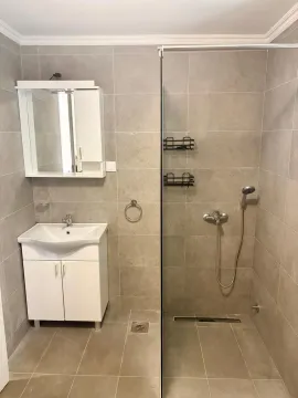 Modernly equipped bathroom with a shower cabin and a vanity with a mirror. - image 9