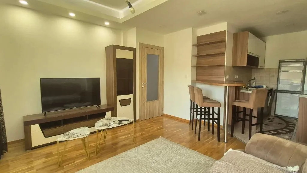 Dnevni boravak sa garniturom, TV-om i trpezarijskim šankom u nastavku.