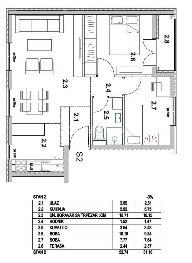 Sale, two bedroom apartment, 51m², Borča 1, Borča Sve Podlokacije