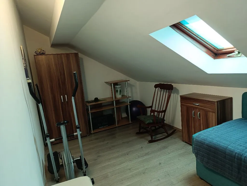 Attic bedroom with a bed, wooden closets, and a skylight.